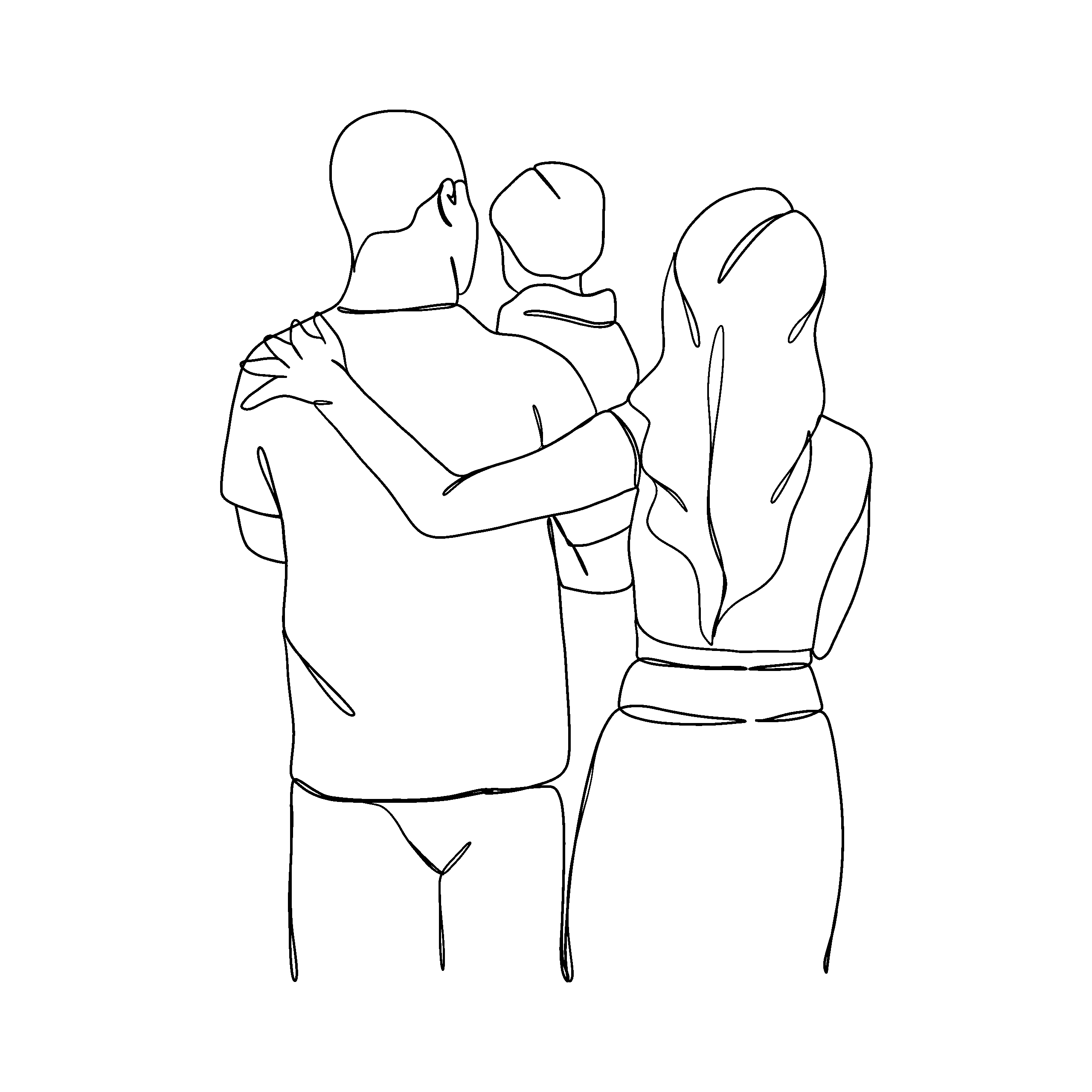 Die Familie ist von hinten zu sehen, die Mutter legt den Arm und den Vater, das Kind ist zwischen ihnen.