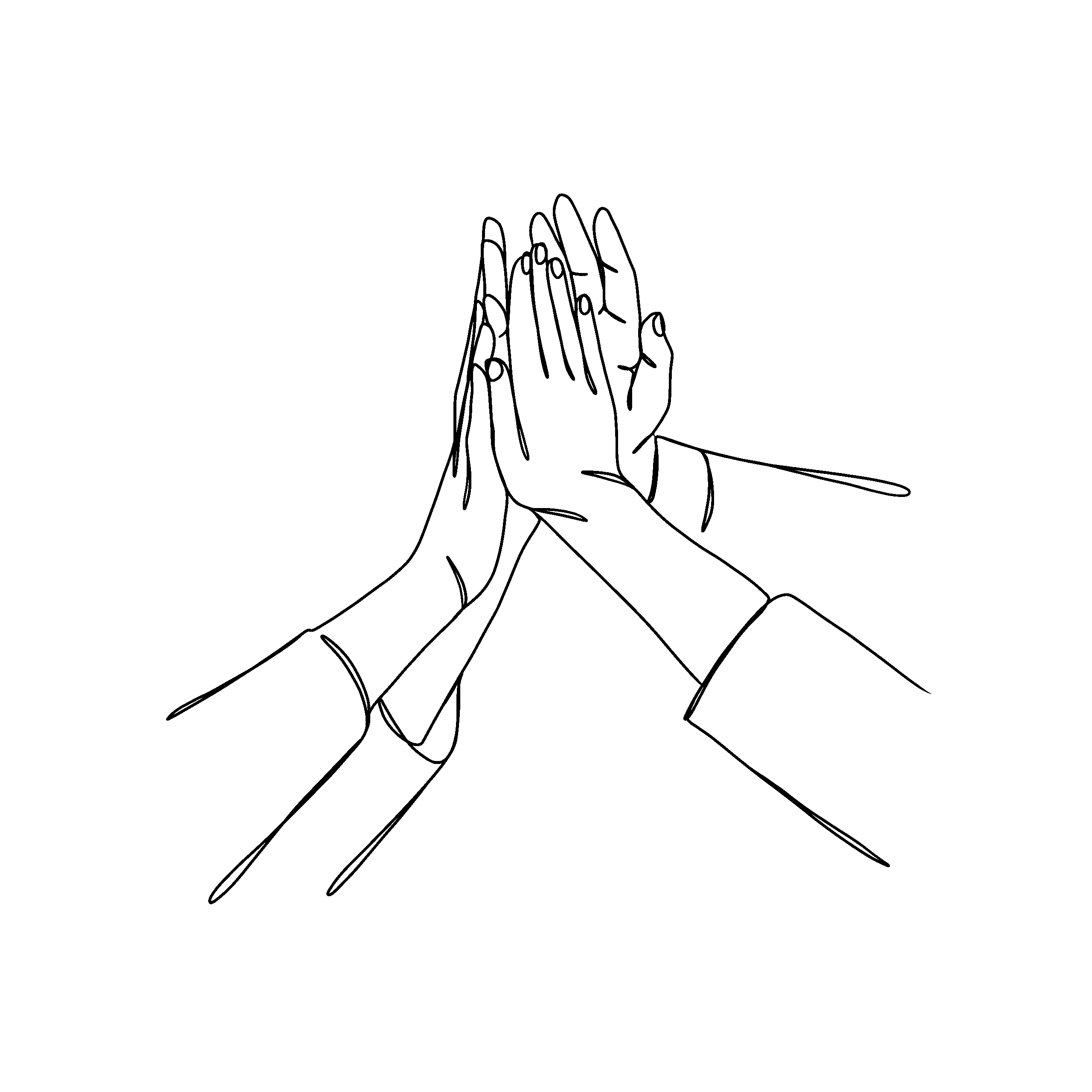 Hände High Five Vier Hände, die in der Mitte zu einem "High five" zusammen kommen.