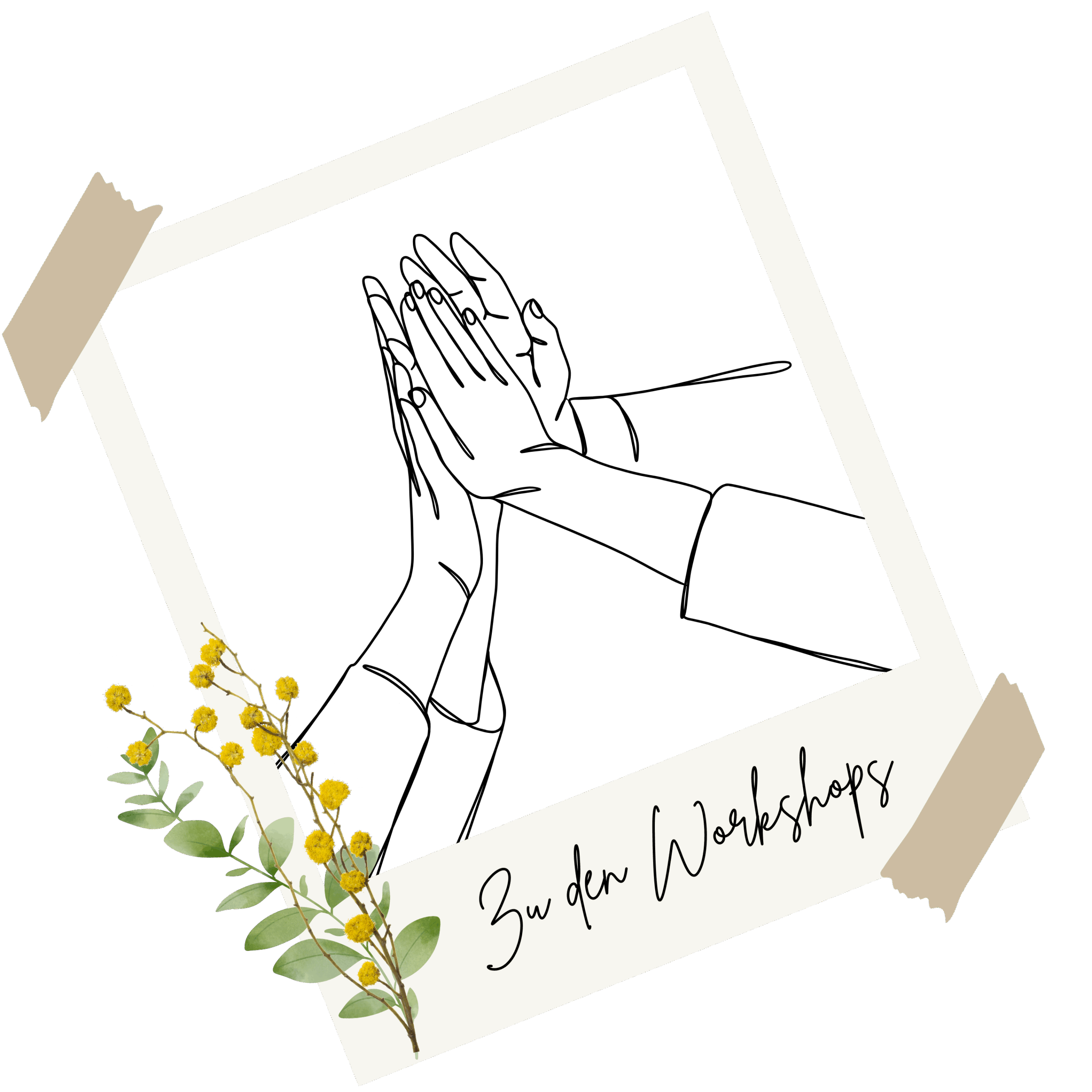 Zu den Workshops high five Schriftzug " Zu den Workshops" mit Bild von 4 Händen, zum High five