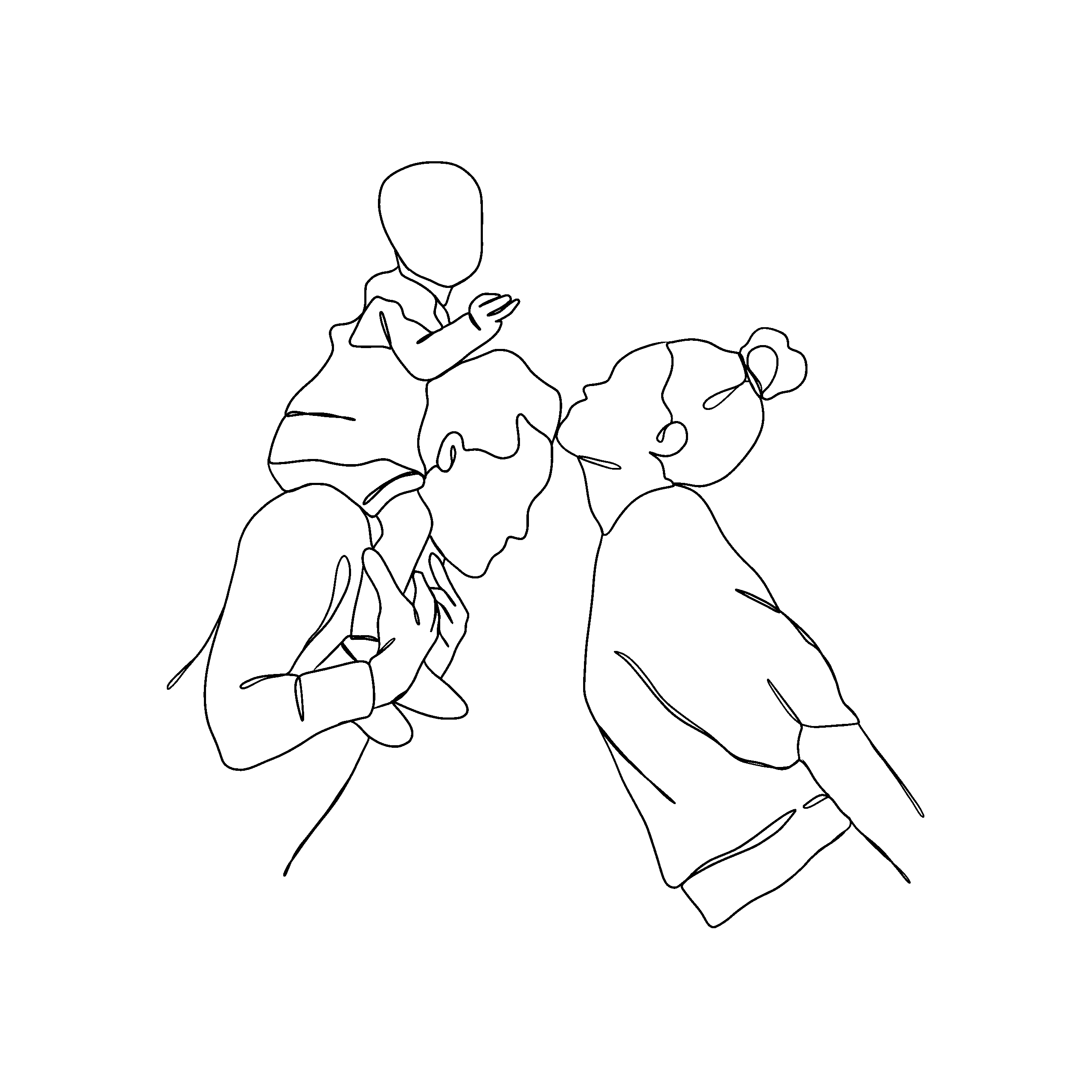 Kuss auf die Stirn Ein Vater trägt sein Kind auf den Schultern, beugt sich nach vorne, wo die Mama ihm einen Kuss auf die Stirn gibt.