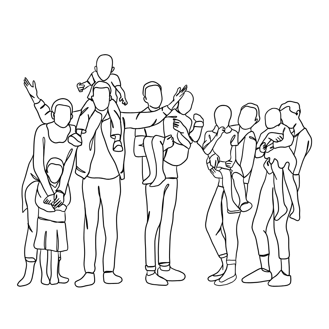 Gruppe Menschen Männer, Frauen und Kinder stehen glücklich in einer Gruppe zusammen.