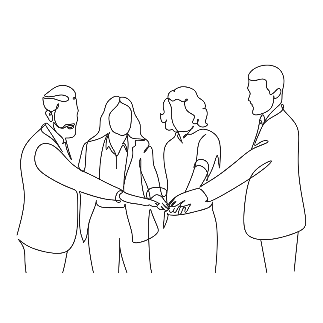 Vier Menschen stehen, mit der Hand in der Mitte vereint.